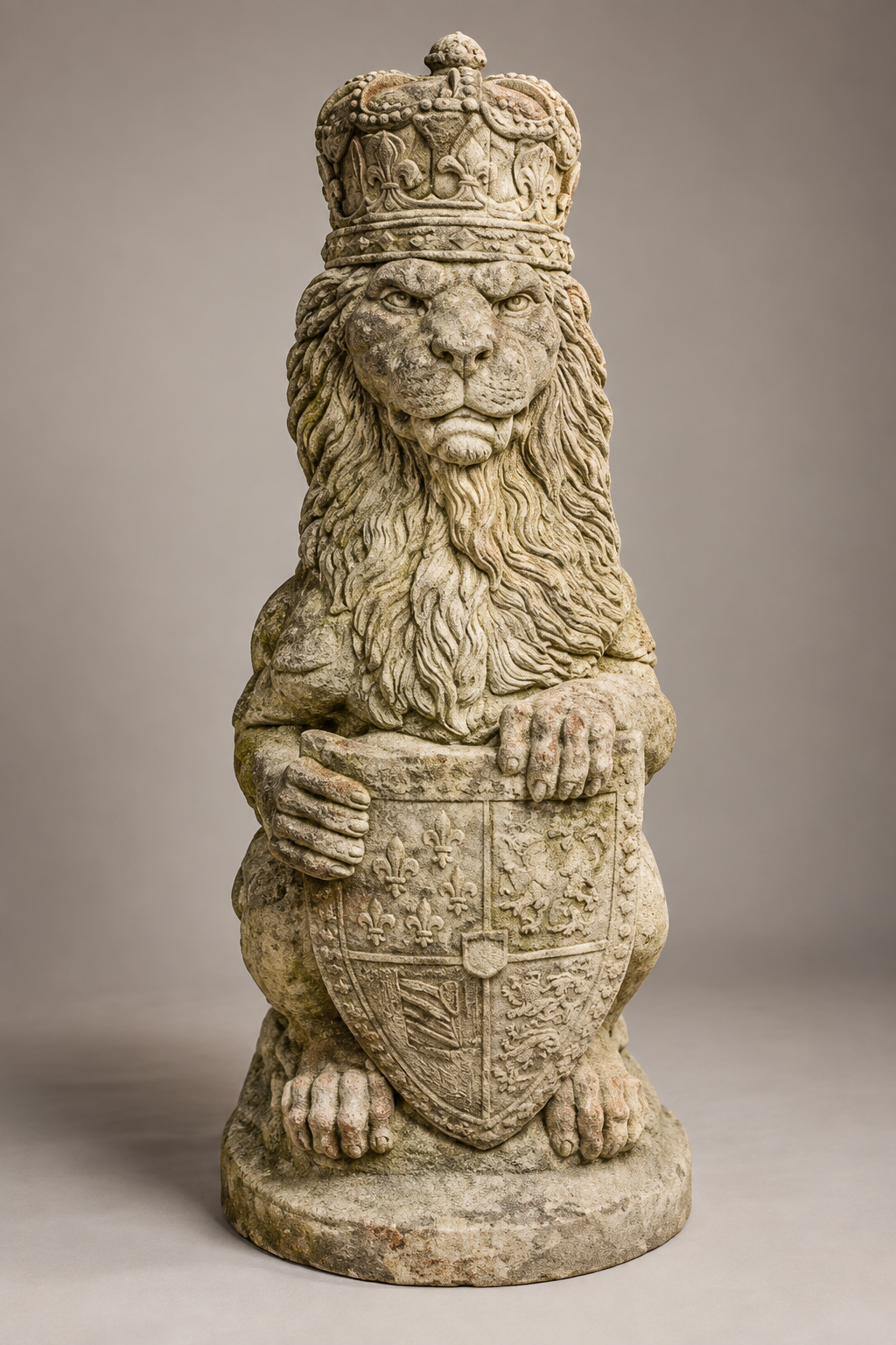 Studio presentation image of one crowned concrete lion